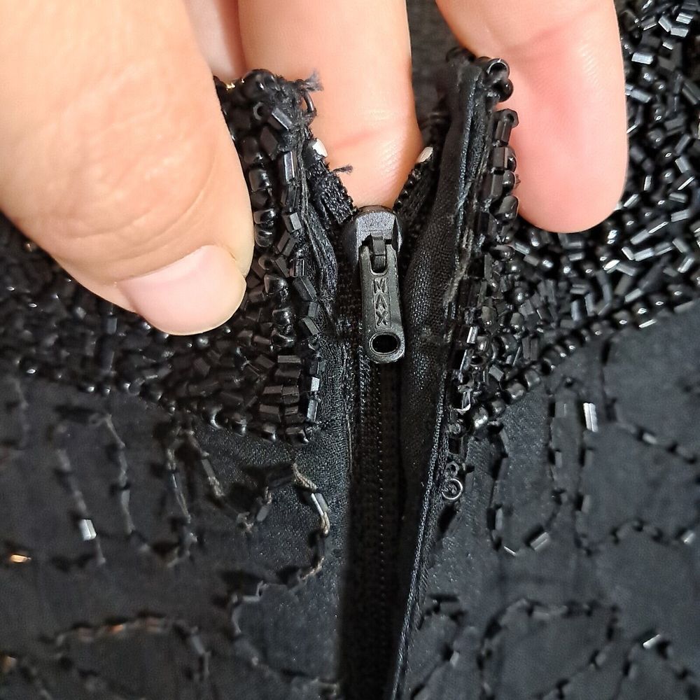 Vintage Laurence Kazar Beaded Sleeveless Dress Black Silk Cocktail Mini Large - Picture 10 of 11